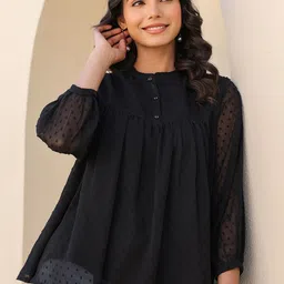 janasya Casual Puff Sleeves Solid Women Black Top-picture-19