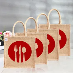 heart home Jute Red Spoon Fork Grocery Bag|Zipper Shopping Bag with Handle|Pack of 4|Brown Pack of 4 Grocery Bags-picture-13