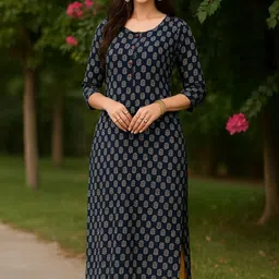 Women Block Print Pure Cotton Straight Kurta-image-0