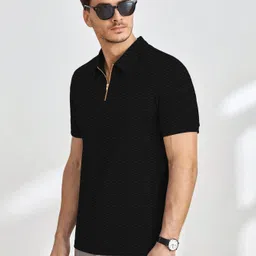 kajaru Men Self Design Zip Neck Polyester Black T-Shirt image 3