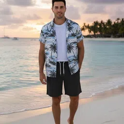 nandani store Men Top & Shorts Set Black Geometric Print, Printed image 3