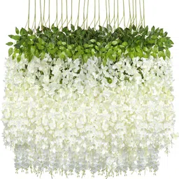jj homes Artificial Wisteria Flower Vine 4 Pack Silk Long String Home Party Decor(White) White Westeria Artificial Flower image 1