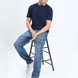 showoffff Men Solid Henley Neck Cotton Blend Navy Blue T-Shirt image 5