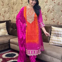 anni designer Women Cotton Rayon Kurta Pant Dupatta Set image 2