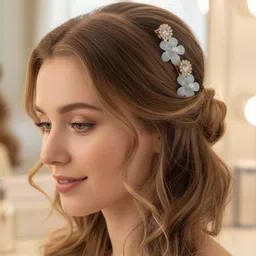 alvero 2 Piece Elegant Floral Crystal & Pearl Hair Clips for Women, Shining Gold-Tone Hair Clip image 2