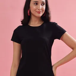 dollar Women Solid Crew Neck Cotton Blend Black T-Shirt-picture-21