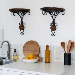 Traditional Iron & Wooden Wall Shelf Pair 24 Shelf Bracket-image-7