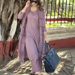 cholki Solid, Striped Kurta, Trouser/Pant & Dupatta Set image 4