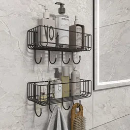 GI Steel Self-Adhesive Bathroom Shelf with Hooks for Bathroom - Multipurpose 2 Steel Wall Shelf-image-17
