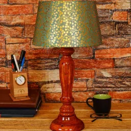 Margie Green & Gold Fabric Shade Night Lamp With Wood Base By BrightDaisy image 2