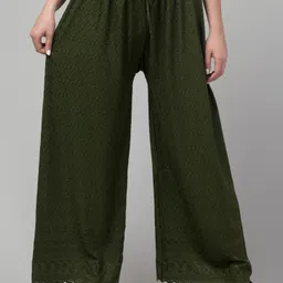 Women Relaxed Dark Green Viscose Rayon Trousers-image-9