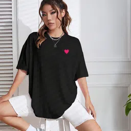 being wanted Women Solid Round Neck Pure Cotton Black T-Shirt image 1