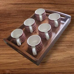 nohunt Pack of 7 Ceramic Ceramic Printed Tea Cup Set with Wooden Serving Tray 150ml Each Cups, Tea Cups image 1
