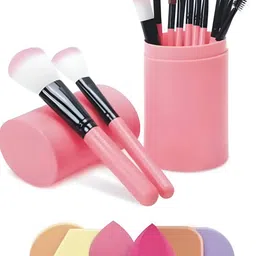 pink cheeks Professional 12 piece makeup brush set with box + 6 in 1 makeup sponge-picture-18