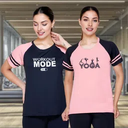 white moon Pack of 2 Women Graphic Print Round Neck Polyester Black, Pink T-Shirt-picture-35