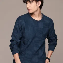 roadster Men Self Design Round Neck Blue Sweater image 1