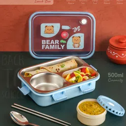 navtan Kawaii Bear Family 3 Section Stainless Steel Lunch Box With Spoon & Chopsticks 3 Containers Lunch Box image 1