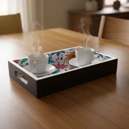 queen handicrafts Wooden serving tray with floral design and elegant look Tray Serving Set image 4