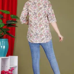 gudwear Casual Roll Up Sleeves Printed Women Beige Top image 2