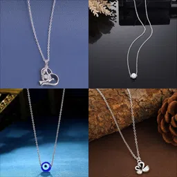 Pack of 4 Sterling Silver Finished Necklace Pendant Chain for Girls,Women Cubic Zirconia, Diamond, Crystal Silver, Sterling Silver Plated Silver, Sterling Silver, Alloy Chain-image-4