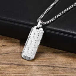 syrma Carved Chevron Dog Tag Pendant Necklace| Men's Silver Box Chain Necklace Silver Stainless Steel Locket image 1