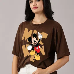 disney by dreambe Women Printed Round Neck Cotton Blend Brown T-Shirt image 3