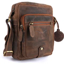 pinato Tan Men & Women Sling Bag - Medium PL-5716 Camel Sling Bag Handmade from 100% Genuine Leather Hunter Leather with Oily Effect For Men & Women image 1