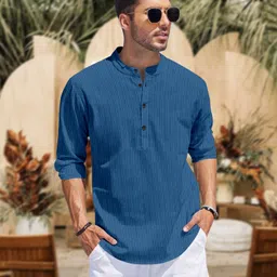 shajara Men Striped, Self Design Cotton Silk Straight Kurta image 3
