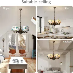 new era Devansh 05 Lights Printed conical cotton shade with Antique Golden Chandelier -B image 5