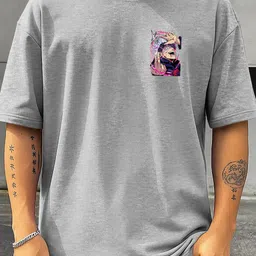 tripbroz Men Graphic Print Round Neck Cotton Blend Grey T-Shirt image 2