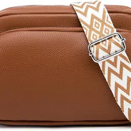 accomade Tan Women Sling Bag Small Crossbody Bag with Wide Guitar Strap with back & front Zipper Pocket-picture-14