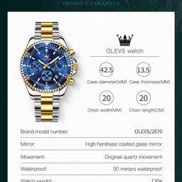 overfly olevs OLEVS Mens Watch Analog Chronograph luxury Silver & Gold Strap Wrist Watch Analog Watch - For Men 2870 image 3