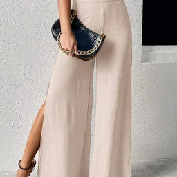 Women Flared Cream Lycra Blend Trousers-image-97