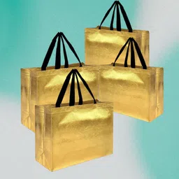 koogly Gold Gift Bags With Glossy Finish & Black Handles - Goodie Bags Pack of 4 Grocery Bags-picture-16