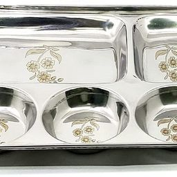 sonanshi Stainless-Steel Flower Print Round Katori 5 in 1 Divided Compartment BhojanThal Sectioned Plate-picture-23