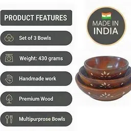 cleevora Wooden Serving Bowl Wooden Bowl for Baby Safe & Stylish Serving Set of 3 Brass Inlay image 5