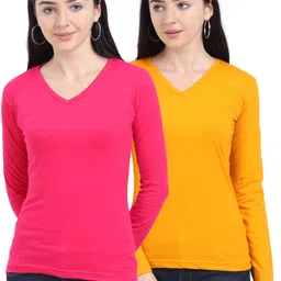 fleximaa Pack of 2 Women Solid V Neck Pure Cotton Multicolor T-Shirt-picture-23