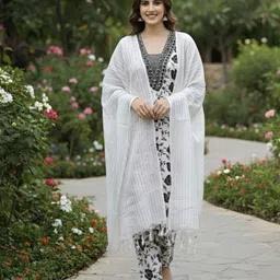 fabricfetch Tina Printed, Embroidered, Embroidered Kurta, Trouser/Pant & Dupatta Set image 3
