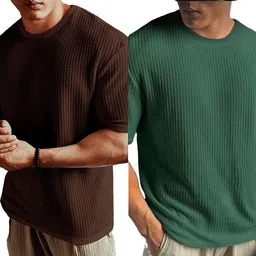 sr fashion Pack of 2 Men Self Design Round Neck Cotton Blend Brown, Dark Green T-Shirt-picture-13