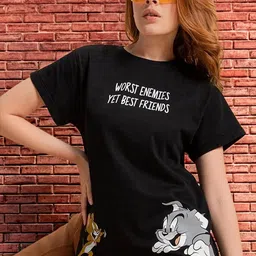 bewakoof Tom N Jerry Women Printed Round Neck Pure Cotton Black T-Shirt-picture-23