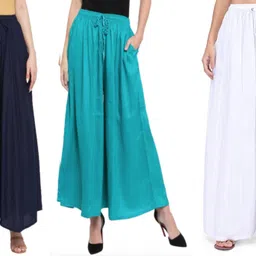 tnq Pack of 3 Women Flared Dark Blue, Light Blue, White Viscose Rayon Trousers-picture-36