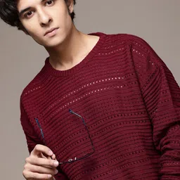 roadster Men Self Design Round Neck Maroon Sweater-picture-33