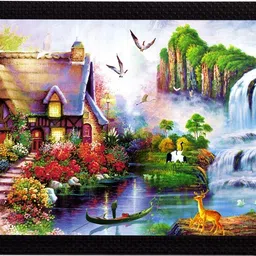 ecraftindia Village Scenic View and Waterfall Satin Matt Texture UV Ink 11 inch x 14 inch Painting-picture-12