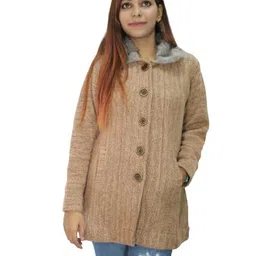 hautemoda Solid Collared Neck Casual Women Coat with Fur Collar image 5