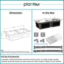 plantex High grade Stainless Steel Double Bowl Handmade Kitchen Sink with Accessories 304 Grade Stainless Steel Handmade Kitchen Sink With Drain Rack (37x18 Inches) Vessel Sink image 2