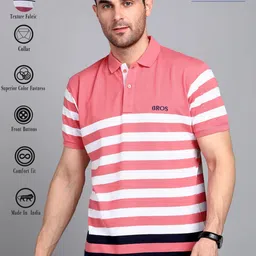 3bros Men Striped Polo Neck Cotton Blend Pink T-Shirt-picture-23