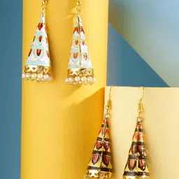 yellow chimes Meenakari Earrings for women Handcrafted Meenakari Combo 2 PairS Pearl Copper Jhumki Earring-picture-10