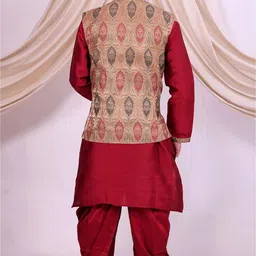 Pooja Ethnic Pooja Ethnic Men's Maroon and Beige Silk Indo Western with Dhoti PE9081 Solid Sherwani image 3