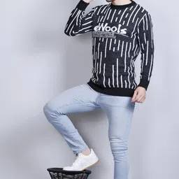 ewools Men Self Design Crew Neck Black, White Sweater image 4