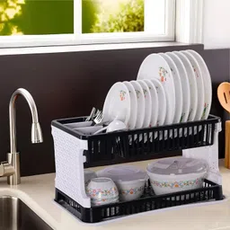 Dish Drainer Kitchen Rack Plastic 2-Tier Dish Drainer Storage Rack for Kitchen | Black & White Plastic-image-1